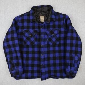 LL Bean Shirt Men Large Blue Plaid Flannel Quilt Lined Shacket Thick Wool Nylon
